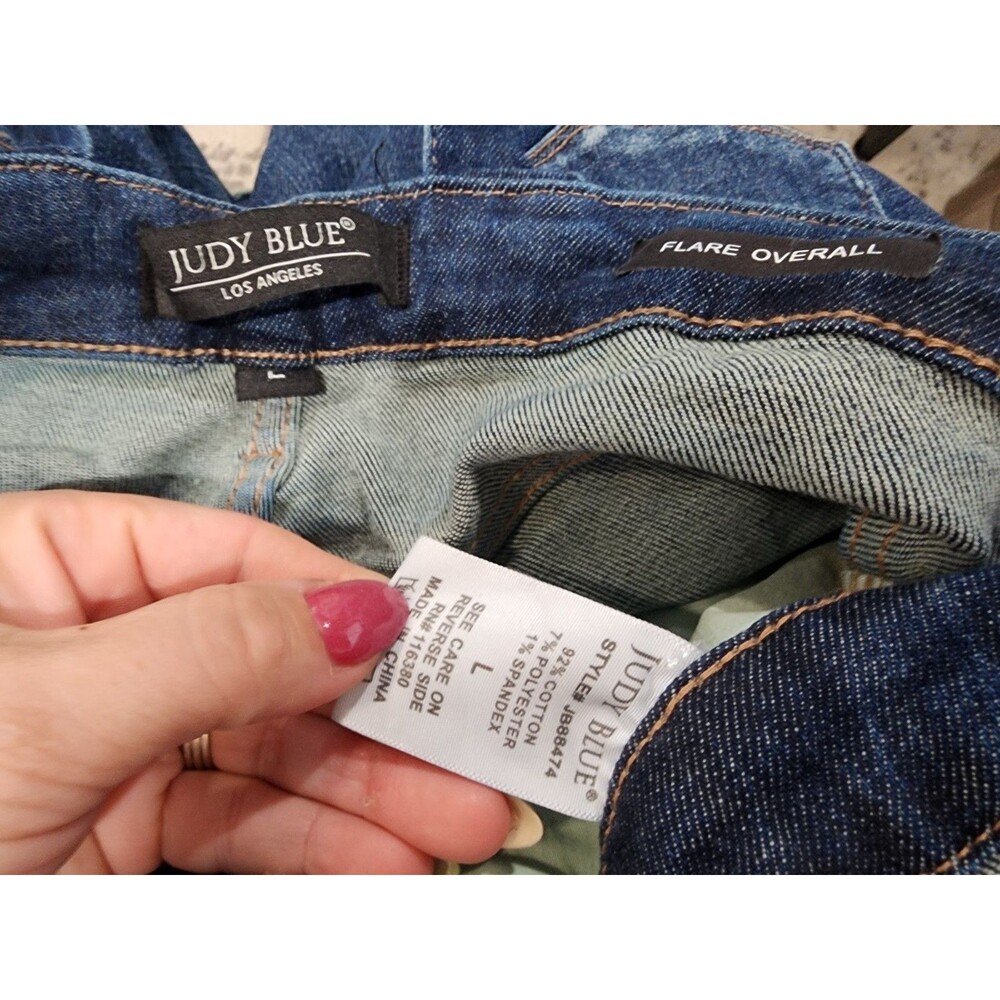 Judy Blue Flare Overalls Womens LARGE Blue Denim Jeans Stretch Bibs - Picture 7 of 8